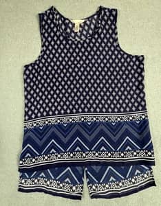 One Urban Day Blue Geometric Sleeveless Blouse Split Back Tank Top L
