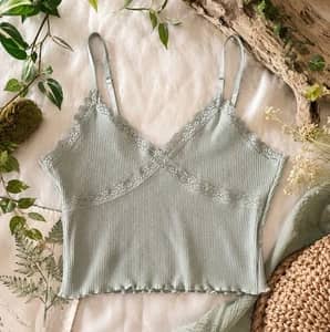 H&M Divided Sage Green Ribbed Lace Trim Cami Crop Tank Top Womens Medium