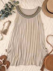 CAbi Womens Large Embellished Tank Top Beige Sleeveless Boho Stretch Tunic
