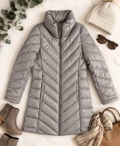 Calvin Klein Packable Premium Down Puffer Coat Taupe Gray Womens M