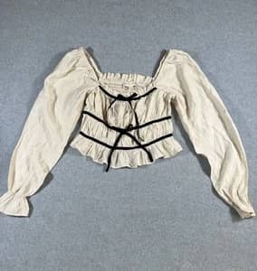 Thirty Thirty LA Cream Puff Sleeve Crop Top S Velvet Trim Bows Cottagecore