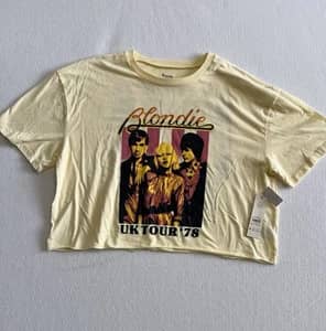 Blondie UK Tour 78 Graphic Crop Tee Womens L Yellow Retro Band Shirt NWT