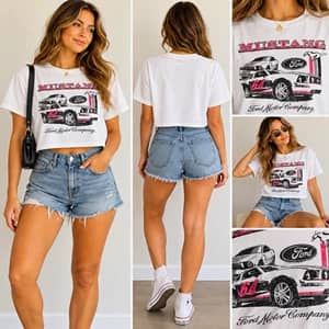 Ford Mustang Graphic Crop Tee Womens XS White Racing Y2K Boxy NWT