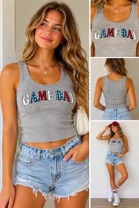 No Boundaries Womens XXS 00 Game Day Graphic Ribbed Tank Top Gray Preppy NWT