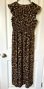 SHEIN Leopard Print Maxi Dress L 8/10 Flutter Sleeve Smocked Waist Animal Print