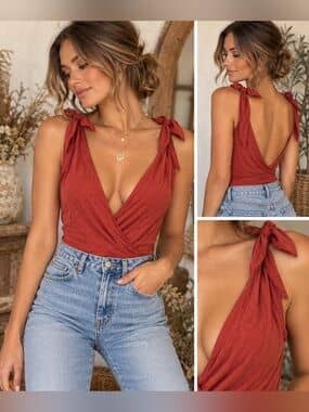 Lulus Rust Red Bodysuit Womens S Tie Shoulder Surplice V Neck Boho NWT
