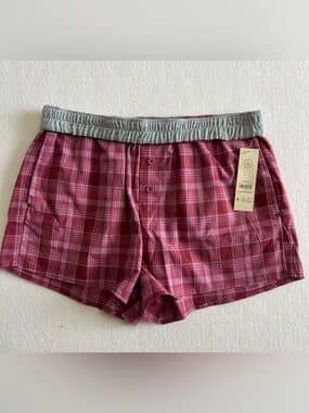 No Boundaries Womens M Pink Plaid Boxer Shorts Gray Waistband Coquette NWT