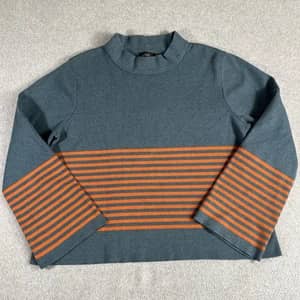 Roolee XL Mock Neck Sweater Teal Orange Stripe Bell Sleeve Cropped Knit Top