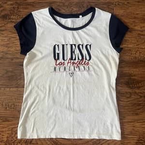GUESS Los Angeles Logo Ringer Tee White Navy Embroidered Graphic Women’s L