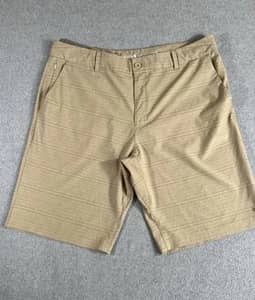 Hang Ten Mens Beige Striped Stretch Chino Shorts Flat Front Hidden drawstring 38