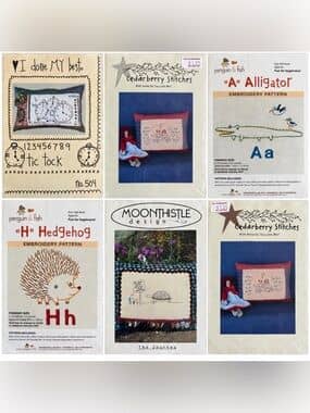 Hand Embroidery Pattern Lot 6 Primitive Animals Penguin Fish Cedarberry Stitches