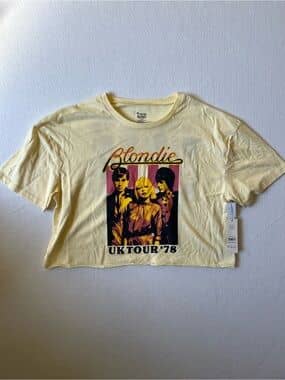 NWT No Boundaries Blondie UK Tour 78 Crop Band Tee Womens L 12-14 Yellow