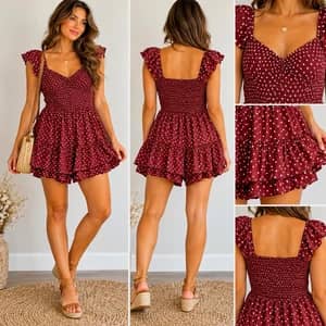 No Boundaries Romper Womens XL 16-18 Burgundy Polka Dot Smocked Cottagecore NWT