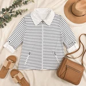 Karen Scott Sport XL White Navy Striped Zip Front Jacket Top Nautical