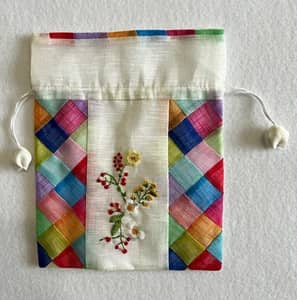 Floral Embroidered Drawstring Pouch Colorful Patchwork Boho Cottagecore Bag